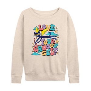 Women's - Pete the Cat - Love Yourself Lightweight French Terry Wide Neck Long Sleeve Shirt - 1 of 4