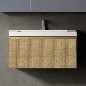 Christopher Knight Home Annabelle Modern Wood Striped Wall-Mounted Bathroom Vanity with Soft-Close Drawer and Quartz Sand Basin - 1 of 4