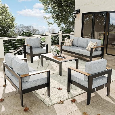 LayinSun 5 Pieces Aluminum Outdoor Patio Furniture Set with Coffee Table, Outside Metal Patio Conversation Sets with Deep Seating and Thick Cushions