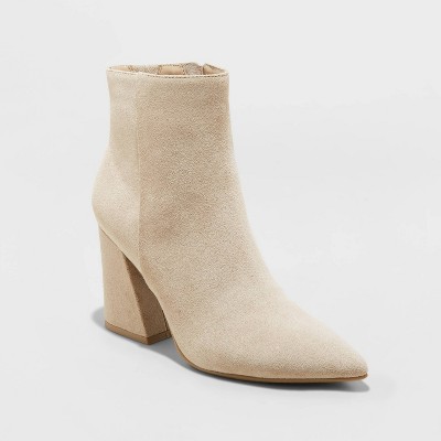 Block Heel Ankle Boots - Beige