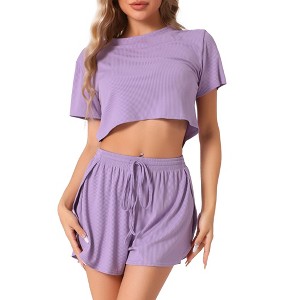 INSPIRE CHIC Women's Short Sleeve Ribbed Knit Side Slits Shorts Pajama Sets 2 Pcs - 1 of 4