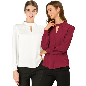 INSPIRE CHIC Women's Office Keyhole Elegant Stand Collar Long Sleeve Button Blouse 2 Packs - 1 of 4