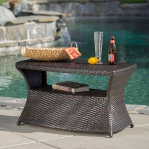 Rattan Outdoor Coffee Table with Umbrella Hole, Wicker Accent Table with Shelf for Patio, Garden, or Lounge – The Pop Home - 1 of 4
