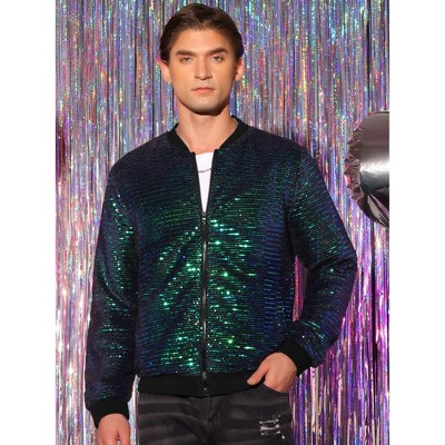 Lars Amadeus Men's Zipper Long Sleeves Party Disco Shiny Sequin Bomber Jacket Multicolor X Large — фото 2