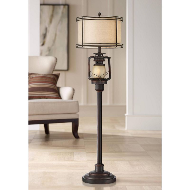 Barnes and Ivy Henson Industrial Floor Lamp 63" Tall Bronze with LED Nightlight Earthy Fabric Drum Shade for Living Room Bedroom Office House Home, 3 of 11