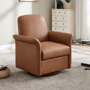 Kumasinova Modern Barrel Accent Chair, 360° Swivel Chair with Solid Wood Frame, Linen Fabric Armchair with Wood Base, Sofa Chair with Curved Back - 1 of 4