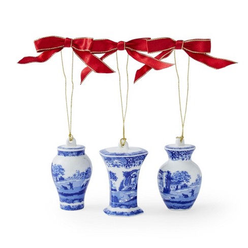 Spode Blue Italian Mini Urn Ornaments, Set of 3, Hanging Ornaments for Christmas Décor, Made of Porcelain, Floral Holiday Vase Decorations - image 1 of 4