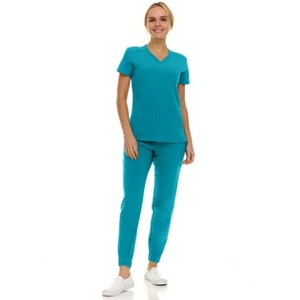 Saint Scrubs Womens 9-Pocket Medical Uniform Set- V-Neck Stretch Top with Seven Pocket Jogger Scrub Pant - 1 of 4