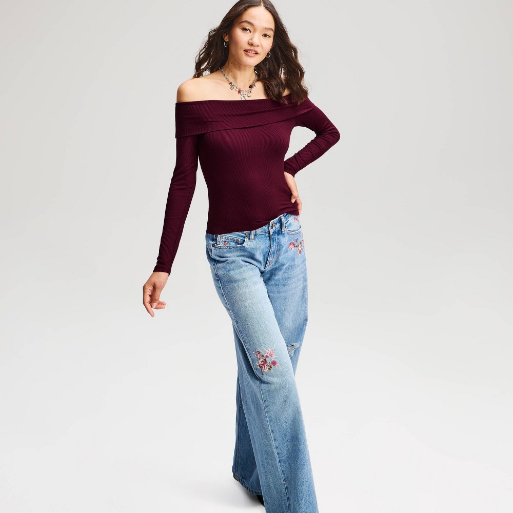 Women's Foldover Off the Shoulder Long Sleeve Top - Wild Fable™ Plum Purple XXS