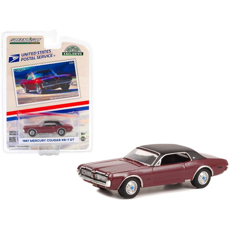 1967 Mercury Cougar XR-7 GT Dark Red with Black Top USPS "2022 Pony Car Stamp Collection" 1/64 Diecast Model Car by Greenlight, 1 of 4