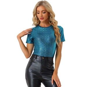 Allegra K Women's Party Metallic Short Sleeve Textured Shiny T-shirts - 1 of 4