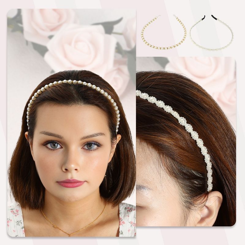 Unique Bargains Women's Simple Design Faux Pearl Headbands White 4 Pcs, 2 of 7