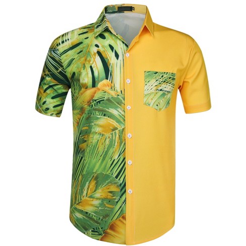 Lars Amadeus Men's Hawaiian Shirt Short Sleeves Summer Patchwork Floral  Leaf Shirts Yellow Green Small