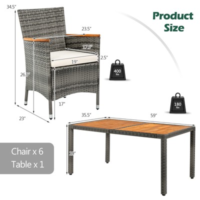 Gray and Beige 6-Person Rattan Dining Set with Acacia Wood Table