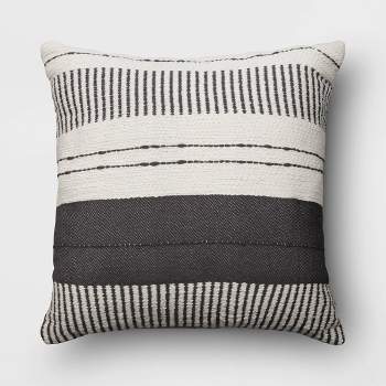 18"x18" Stripes and Dashes Square Outdoor Throw Pillow Black/Ivory - Threshold™