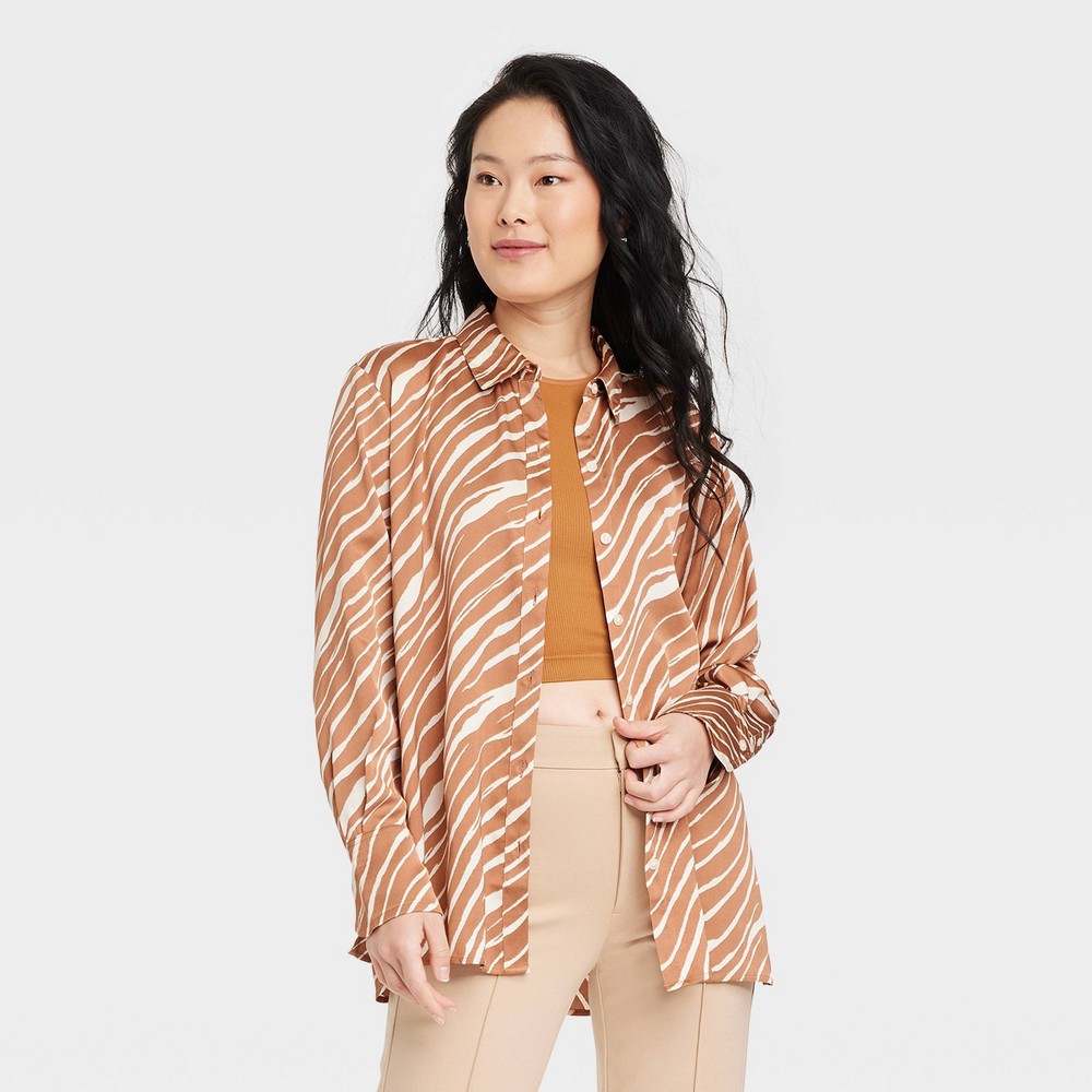 Women's Long Sleeve Oversized Satin Button-Down Shirt - A New Day™ Brown Zebra Striped M