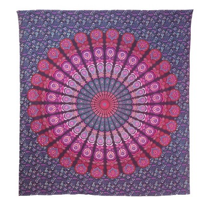 HomeRoots 92" X 84" Pink Red And Purple Mandala Cotton Hanging Tapestry