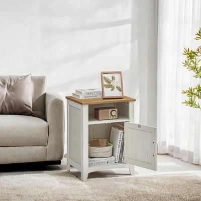 Rustic White and Honey Brown Farmhouse Nightstand with Barn Door. This Bedside Table features an Open Compartment, and serves as a Side End Table