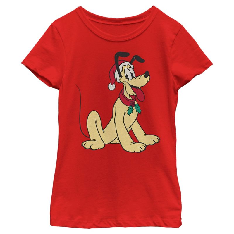 Girl's Mickey & Friends Pluto Smile With Santa Hat T-Shirt, 1 of 6