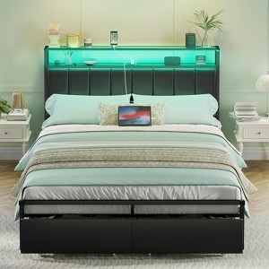 AMERLIFE LED Bed Frame with Drawers, 2-Tier Storage and Charging Station - 1 of 4