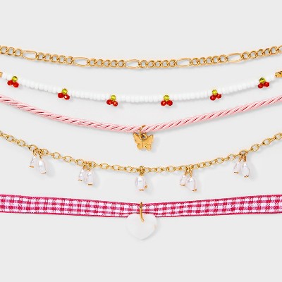Gingham and Butterfly Choker Necklace Set 5pc - Wild Fable™ Gold: Iron, Glass, Polyester, Lobster Claw Clasp