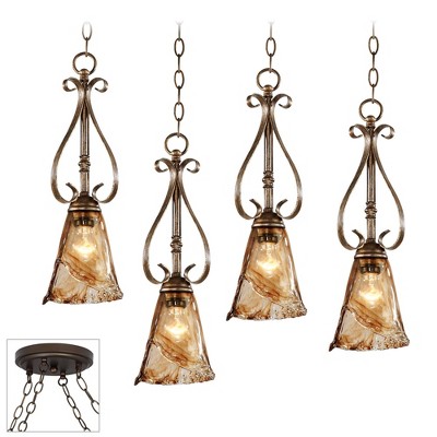 Franklin Iron Works Bronze Mini Swag Pendant Chandelier Scroll Rustic Amber Art Glass 4-Light Fixture Dining Room House Kitchen