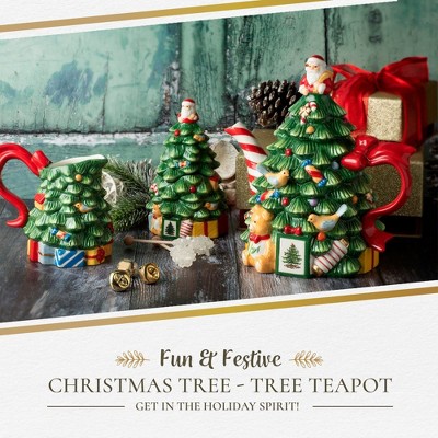 Festive Green and Red Ceramic Christmas Tree Teapot, 27 oz