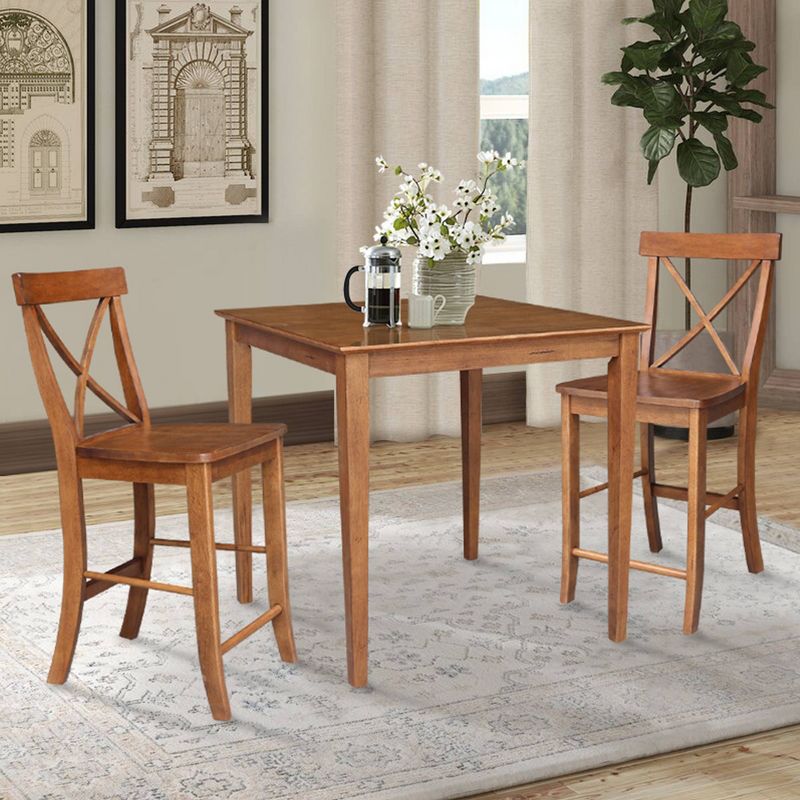 3pc 36&#34;x36&#34; Solid Wood Counter Height Dining Table Set with 2 X-Back Stools Distressed Oak - International Concepts, 2 of 7