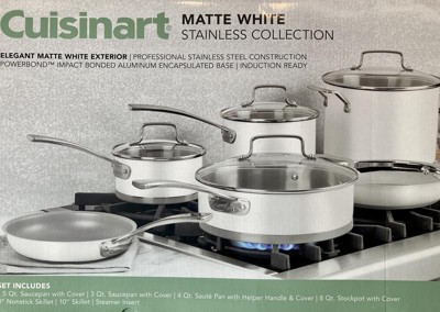 Cuisinart Classic 8pc Stainless Steel Cookware Set with Brushed Gold  Handles Matte White