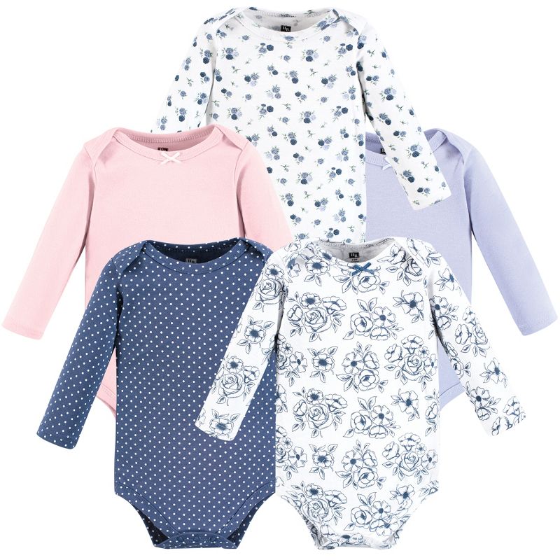 Hudson Baby Infant Girl Cotton Long-Sleeve Bodysuits, Blue Toile 5-Pack, 1 of 9