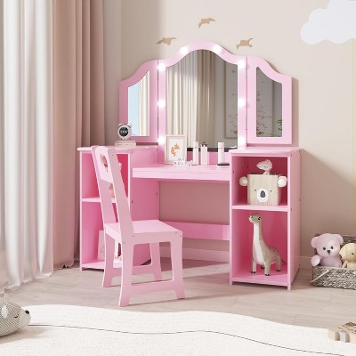 Vanity Table for Kids with Tri-Fold Mirror & Touch Light - Wooden Makeup Playset with Chair and Open Storage Shelves