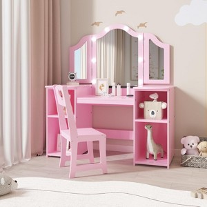 Vanity Table for Kids with Tri-Fold Mirror & Touch Light - Wooden Makeup Playset with Chair and Open Storage Shelves - 1 of 4