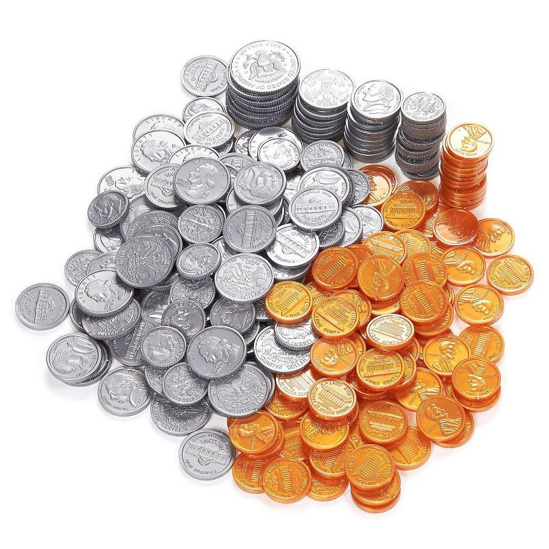 250 Fake Plastic Penny Coins Novelty Play Toy Prizes Parties Copper Silver, 1 of 4