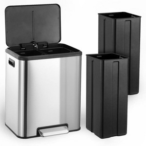 Dual Compartments Trash Can, 2 x 4 Gallon (2 x 15 L) Garbage Can Recycling Kitchen Step Trash Can with Soft-Close Lid, Plastic Inner Buckets, Silver - 1 of 4