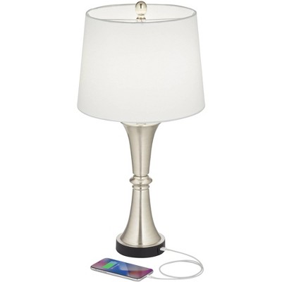 Silver Touch Table Lamps with White Drum Shades and USB Ports, Set of 2