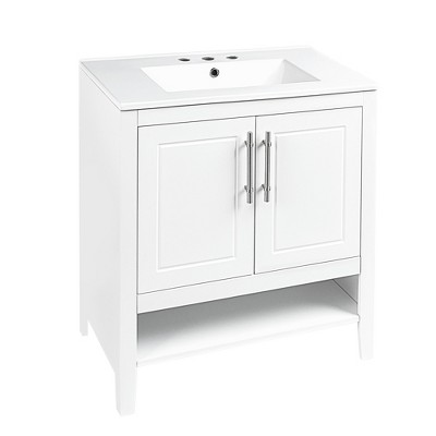 Vynxaria 30" White Bathroom Vanity Cabinet with Sink and Storage Drawers