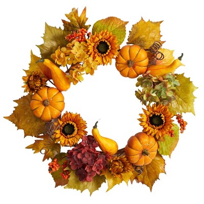 Nearly Natural 22” Autumn Hydrangea, Pumpkin and Sunflower Artificial Fall Wreath