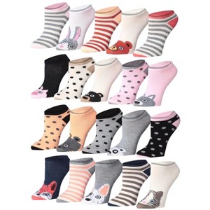 Tipi Toe Women's 20 Pairs Colorful Cute Solid Striped Dotted Animal Faces Patterned Low Cut/No Show Socks - 1 of 4