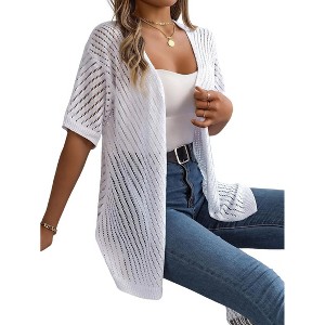 Women's Crochet Lightweight Cardigan Short Sleeve Boho Casual Open Front Sweater Tops - 1 of 4