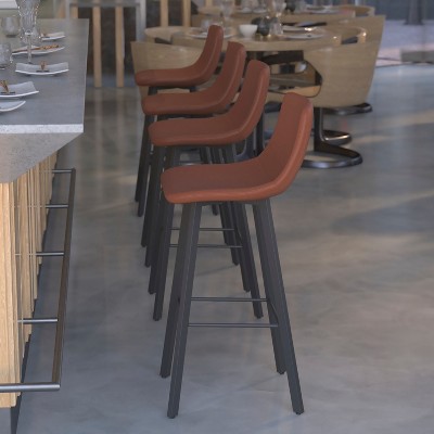 Caleb 30" Cognac Brown Leather & Matte Black Metal Bar Stool Set