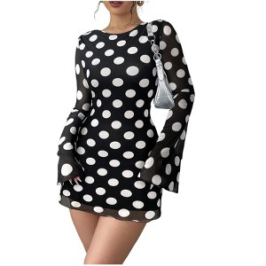 Women's Polka Dot Backless Mesh Long Sleeve Mini Dress, Sheer Party Dress for Night Out & Special Occasions - 1 of 4