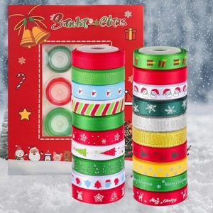 Angel Sar 20 Rolls Christmas Ribbon for Gift Wrapping, 100 Yards Total 3/8 Inch Grosgrain Ribbon with Holiday Patterns, DIY Craft Ribbon - 1 of 4
