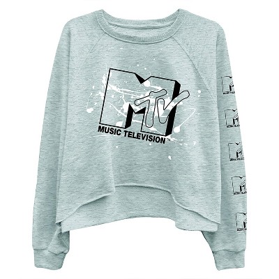 Women's MTV Long Sleeve Raglan Sweatshirt - Nostalgic 90s 'I Want My MTV' Print - Casual Raw Edge Fleece Pullover