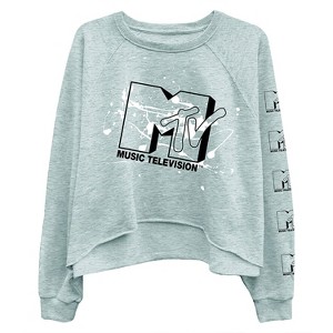 Women's MTV Long Sleeve Raglan Sweatshirt - Nostalgic 90s 'I Want My MTV' Print - Casual Raw Edge Fleece Pullover - 1 of 4