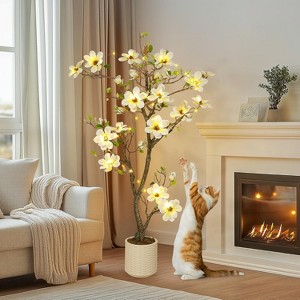 Artificial Magnolia Plants, Faux Flower Trees for Indoor Outdoor , Fake Magnolia Tree with Realistic Flowers, Leaves, Mosses & White Pot - 1 of 4