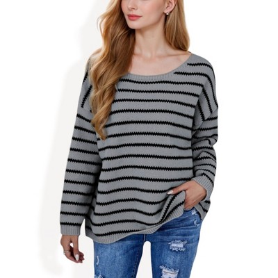 Anna-Kaci Women's Striped Boatneck Sweater with Relaxed Fit and Long Sleeves
