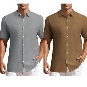 INSPIRE CHIC Men's Summer Point Collar Short Sleeves Button Down Linen Shirts 2 Packs - 1 of 4
