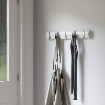 Sleek White 5-Hook Retractable Solid Wood Coat Rack