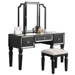 Poundex Wooden Makeup Vanity Set with Tri-fold Mirror and Stool - 1 of 2