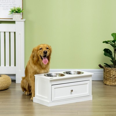 White Elevated Dog Bowl Stand with Stainless Steel Bowls and Storage Drawer